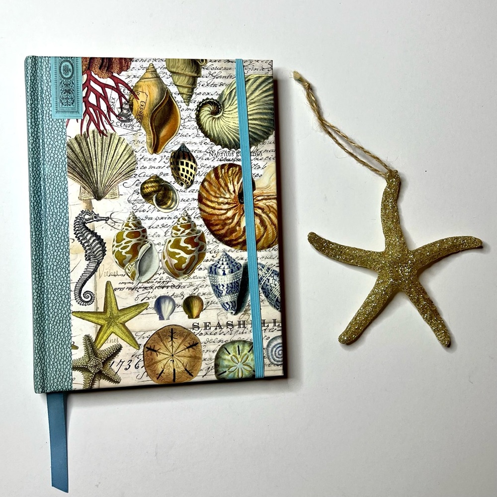 Seashell Nautical Beach Journal Sea Blue Teal and Gold Glitter Starfish Ornament